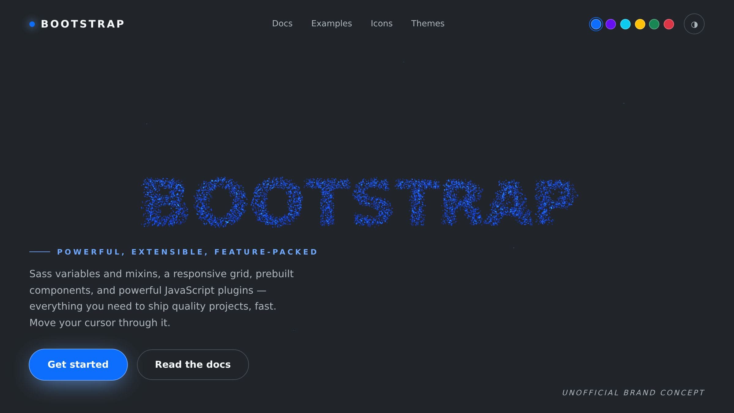 Constellation hero section in Bootstrap blue, particles forming the word Bootstrap