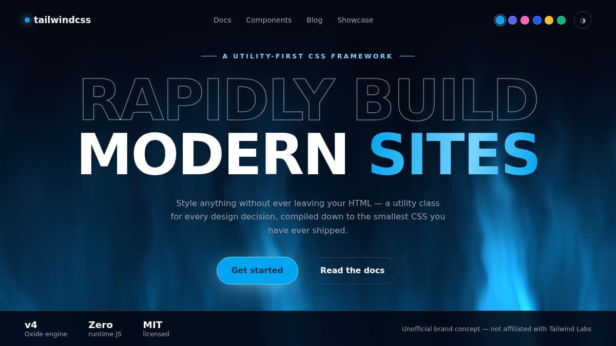 Aurora hero section in Tailwind CSS sky blue, with monumental type reading Rapidly Build Modern Sites